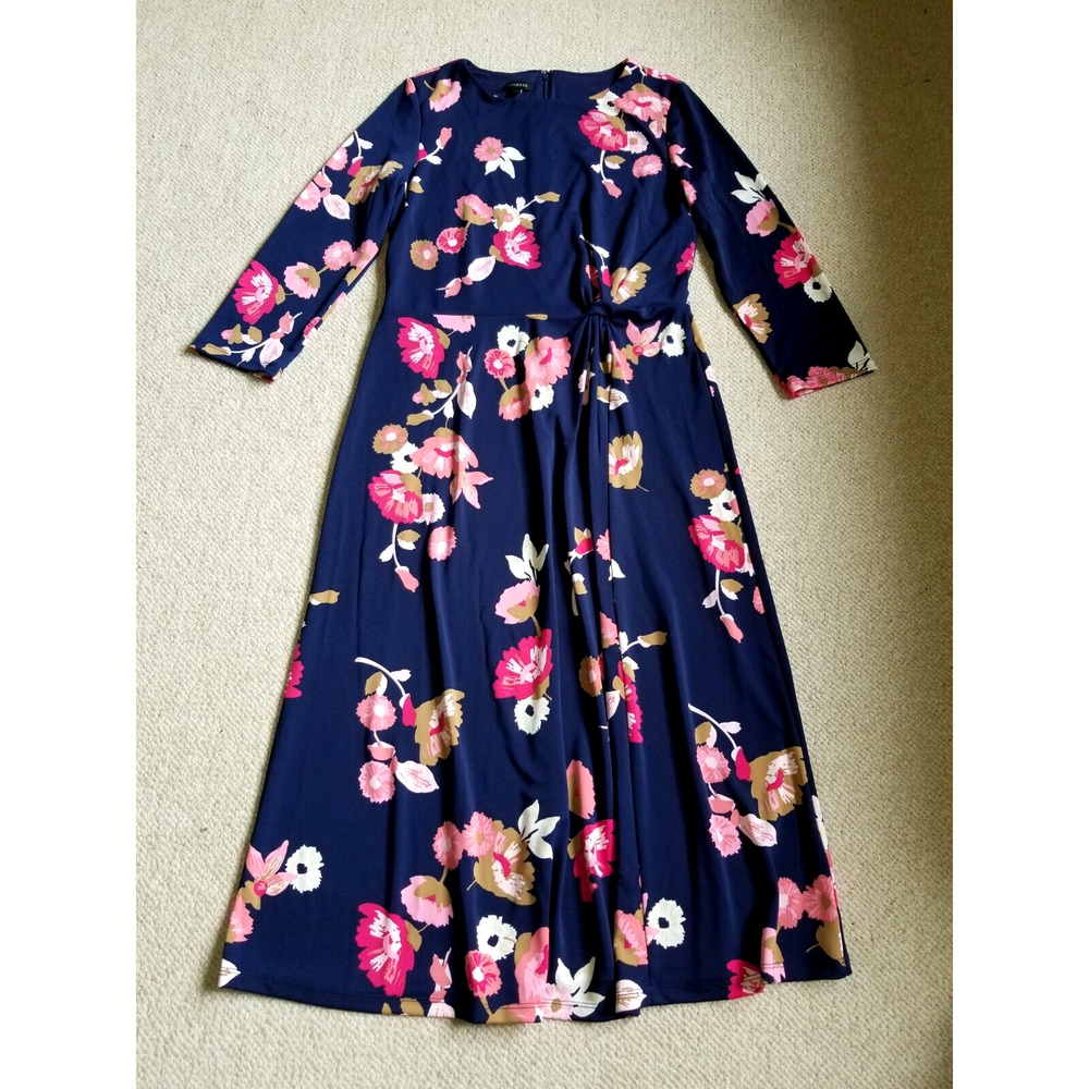 Womens Dress-TALBOTS-navy/pink/brown floral stretch knit lined midi 3/4 slv-6